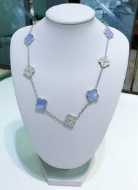 [Luxe jewelry]CLOVER 10 MOTIFS CHALCEDONY DIAMONDS SILVER NECKLACE